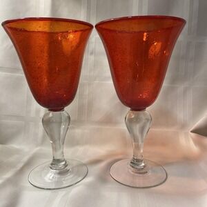 Set of 2 Artland Iris Ruby Red Seeded Bubble Water Goblets with Clear Stem 8"
